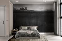 Misty woodland landscape mural suitable for bedroom wall decor.