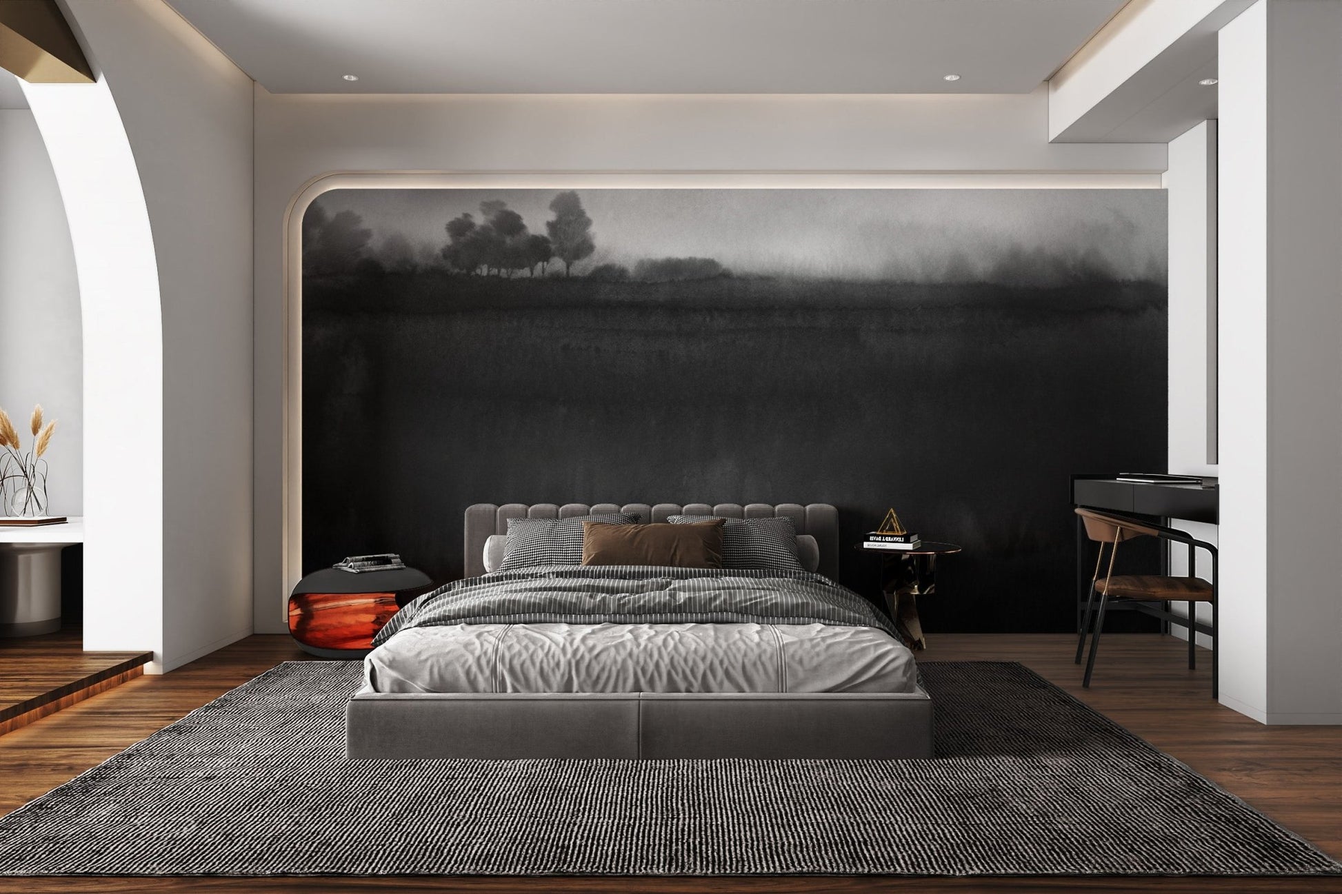 Atmospheric monochrome nature wall mural with bedroom decor theme.