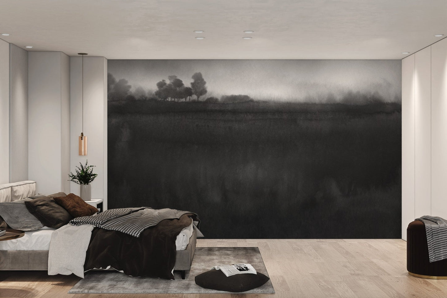 Minimal black mist forest wall mural with bedroom interior styling.