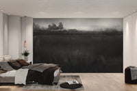 Minimal black mist forest wall mural with bedroom interior styling.
