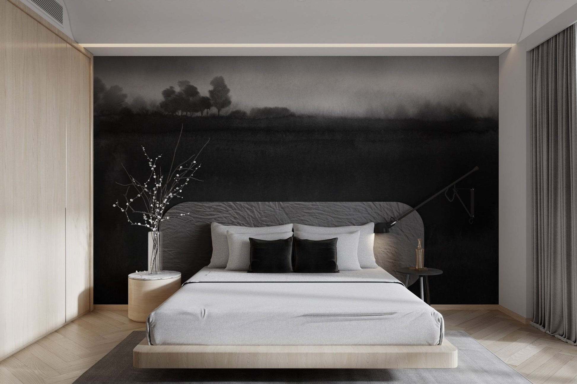 Serene misty monochrome landscape mural for tranquil bedroom walls.