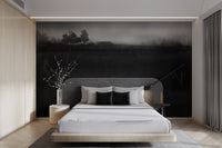 Serene misty monochrome landscape mural for tranquil bedroom walls.