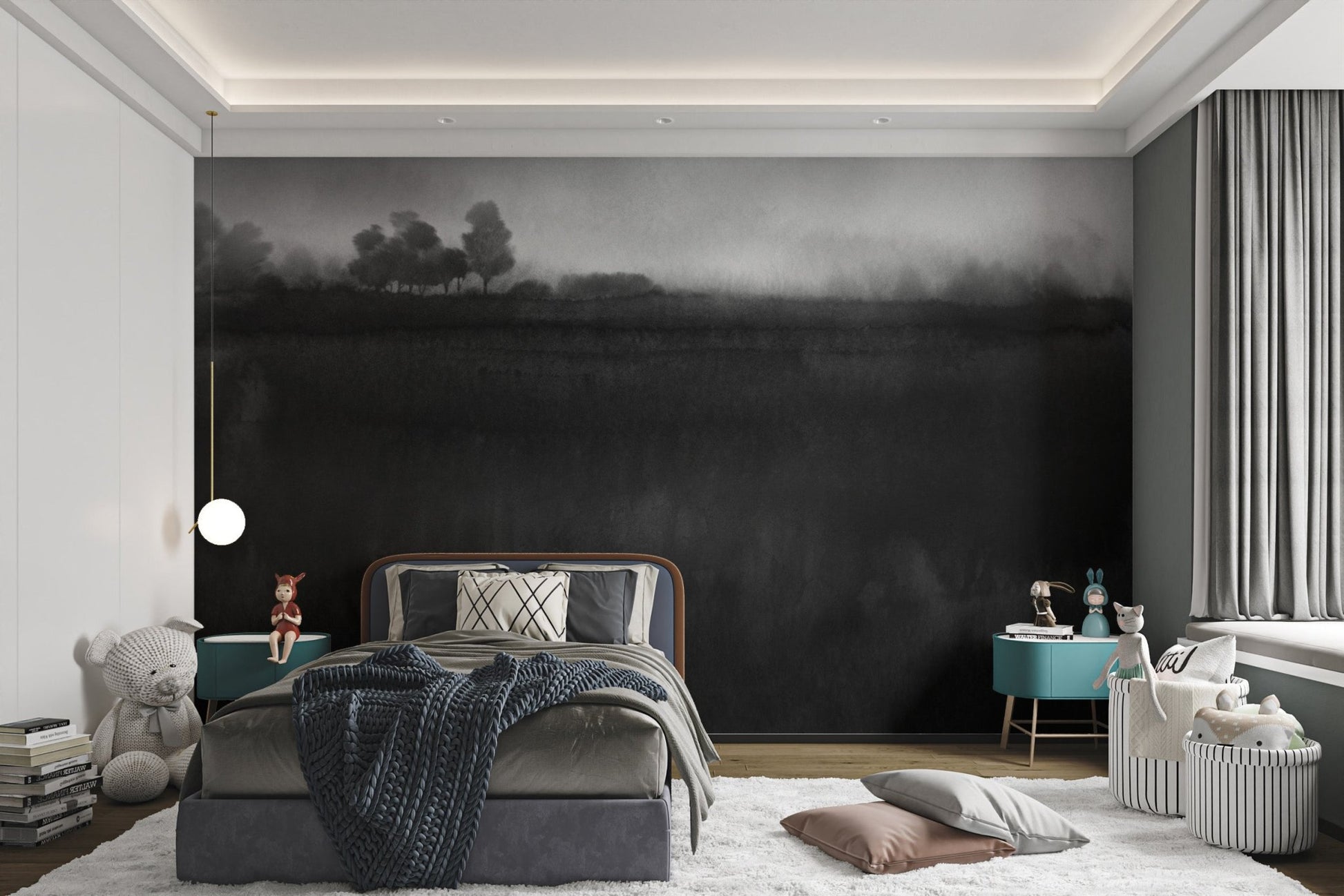 Grayscale landscape mural with serene misty elements.