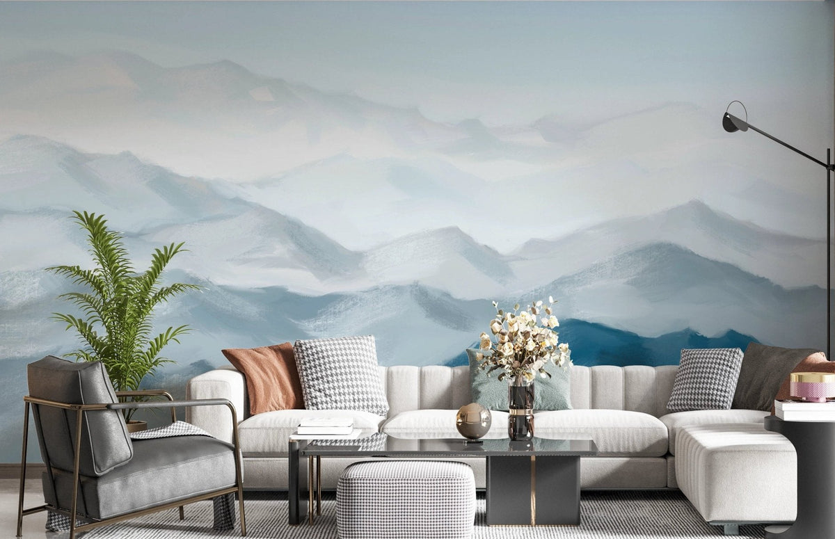 Grey and blue mountain range wall mural in a contemporary living room.