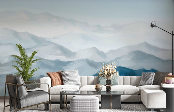 Grey and blue mountain range wall mural in a contemporary living room.