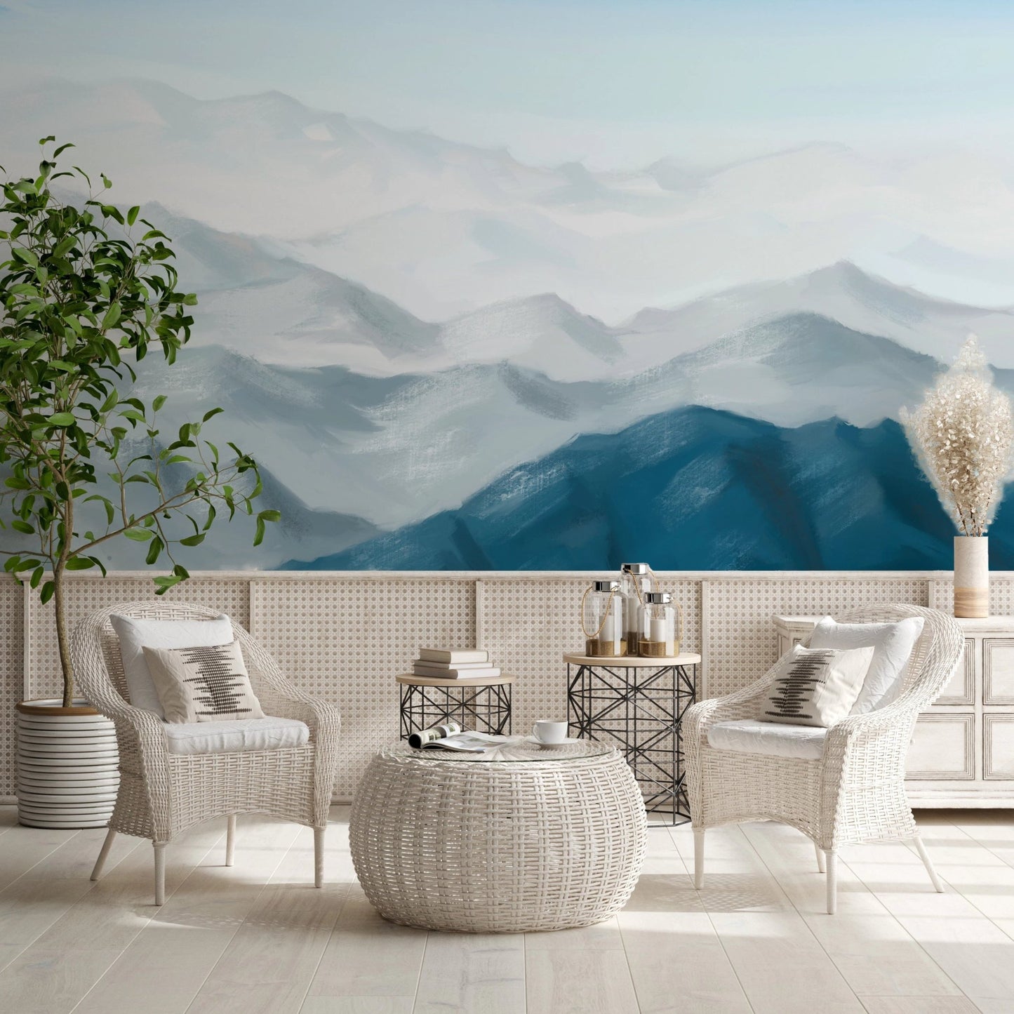Misty Mountain Dreamscape Wall Mural in a white sunroom with wicker chairs