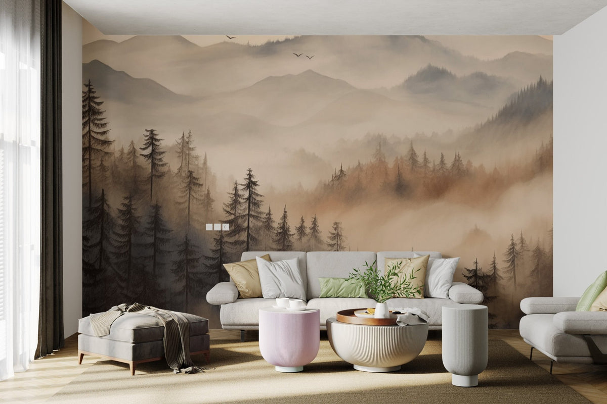 Misty mountain forest wallpaper with sepia tones and flying birds.