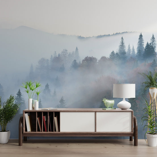 Misty mountain forest wallpaper for a calm interior theme