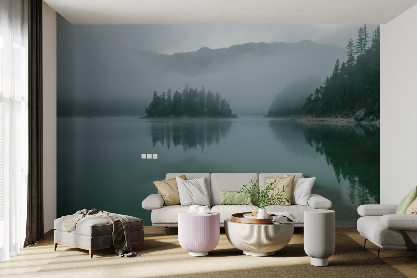Foggy alpine landscape wallpaper featuring soft teal tones and forest.