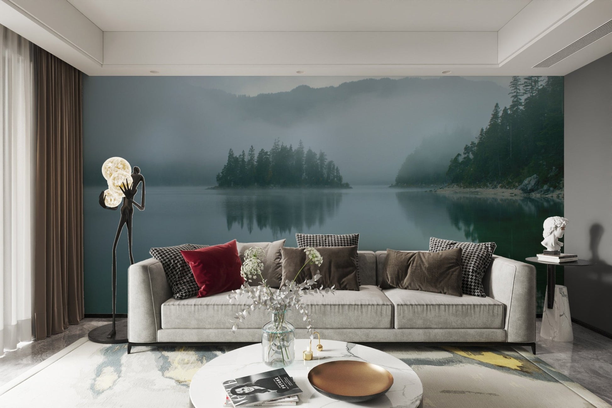 Atmospheric landscape wallpaper with rocky shoreline and crystal water.