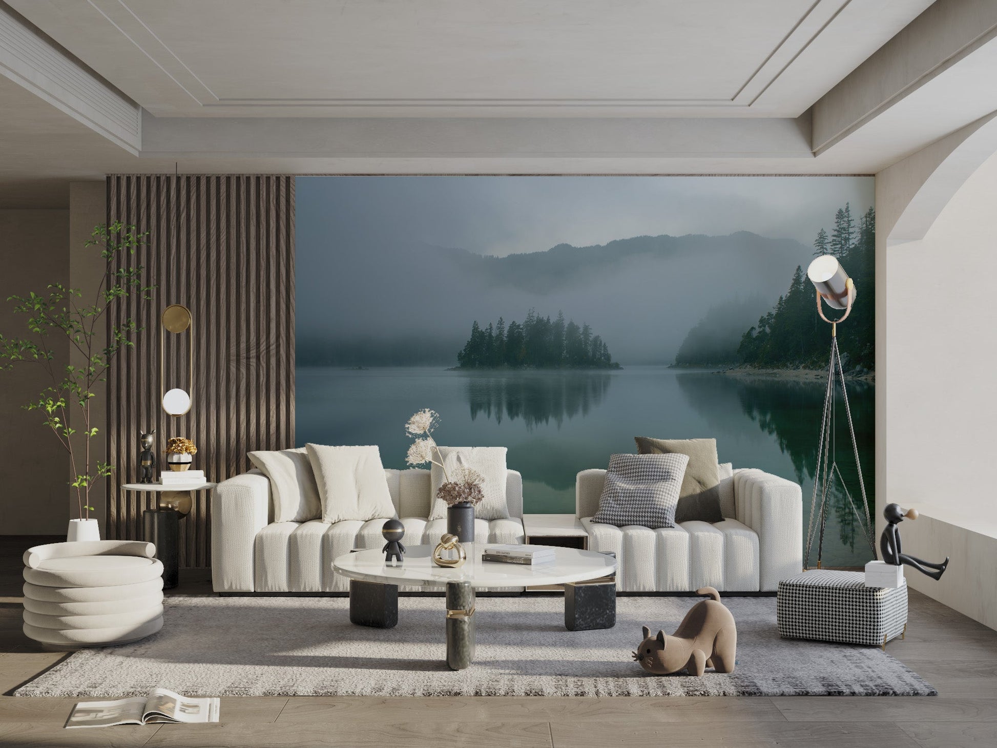 Misty Mountain Lake Wallpaper in a monochromatic teal and grey palette.