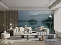 Misty Mountain Lake Wallpaper in a monochromatic teal and grey palette.