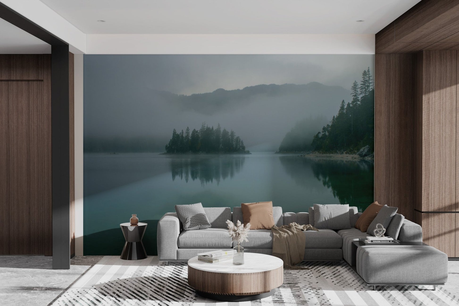 Soft focus forest wallpaper highlighting a peaceful lakeside morning.