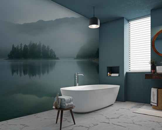 Deep green pine trees on a small island wall mural with heavy fog.
