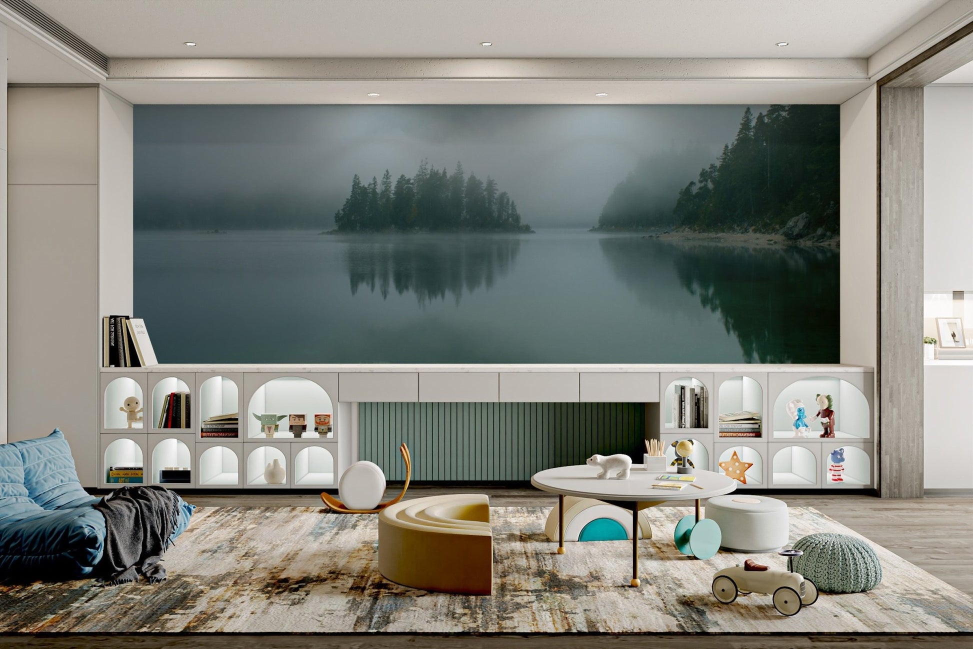 Minimalist nature wall mural showing shrouded peaks and pine forests on feature wall.