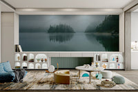 Minimalist nature wall mural showing shrouded peaks and pine forests on feature wall.