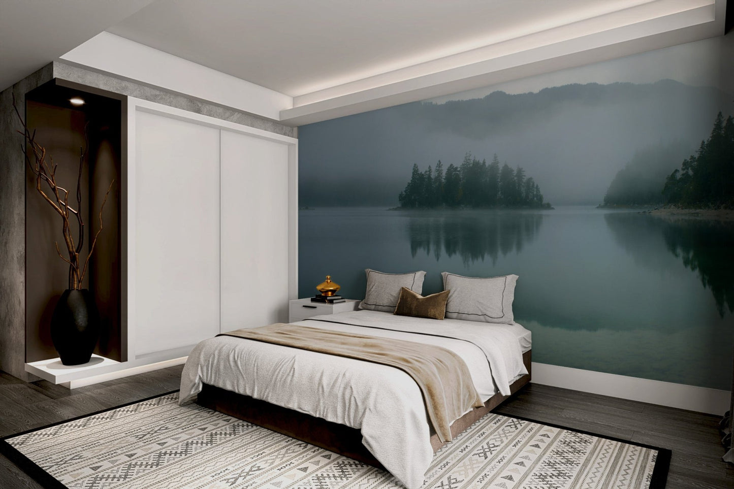 Calm wilderness scene wall mural with silhouettes of distant mountains.