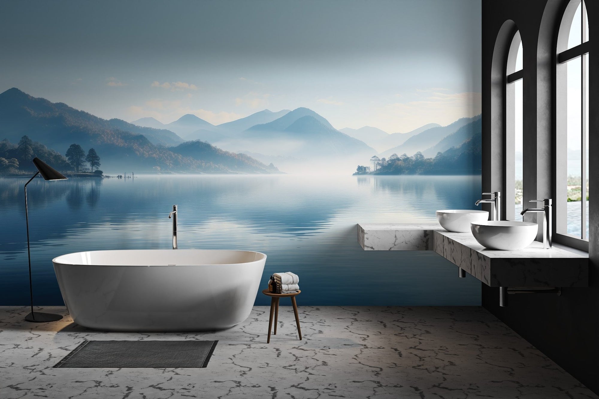Misty mountain lake wallpaper mural with soft blue water reflections.