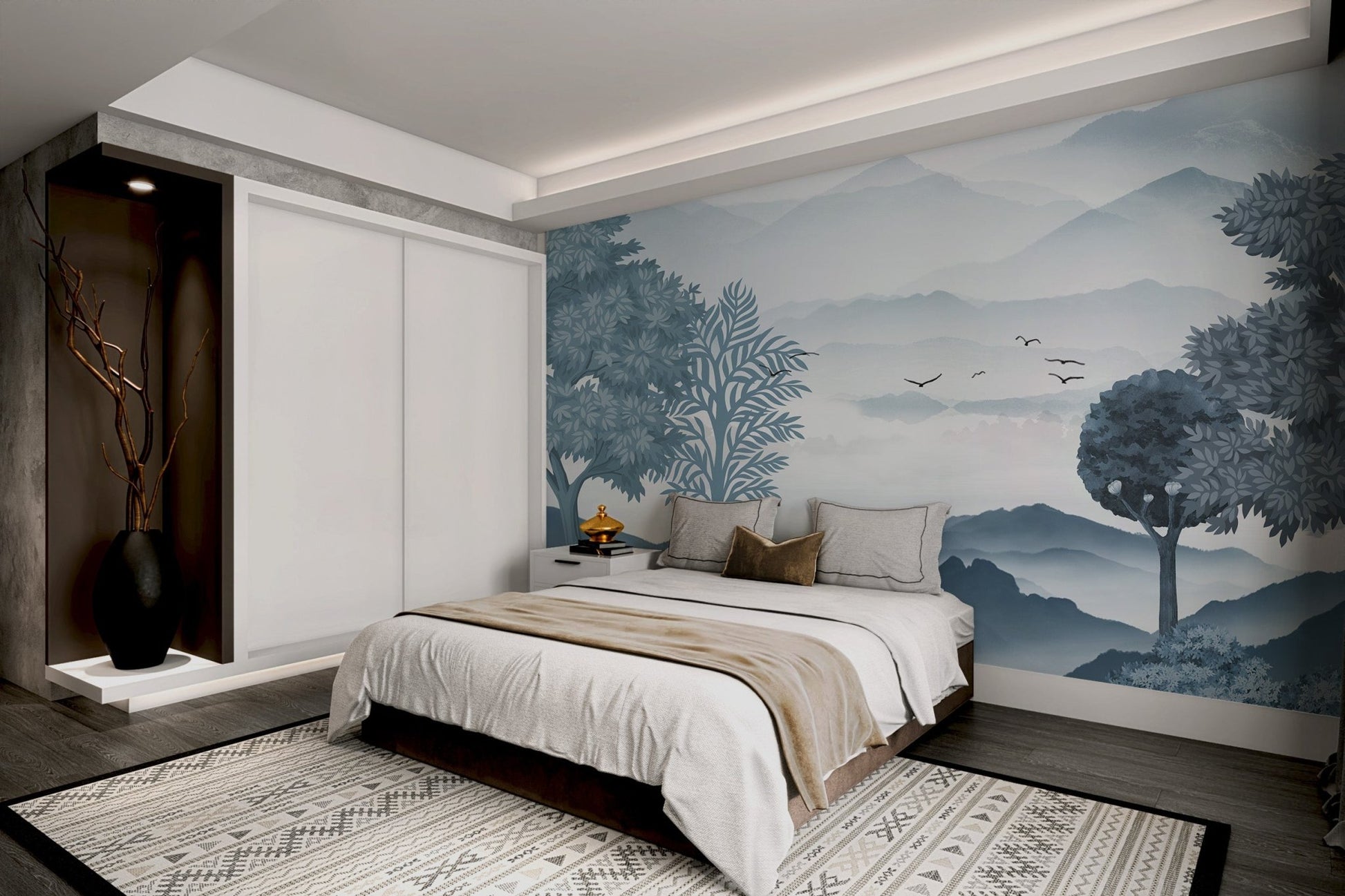 Grey and blue mountain wall mural featuring alpine trees and misty fog