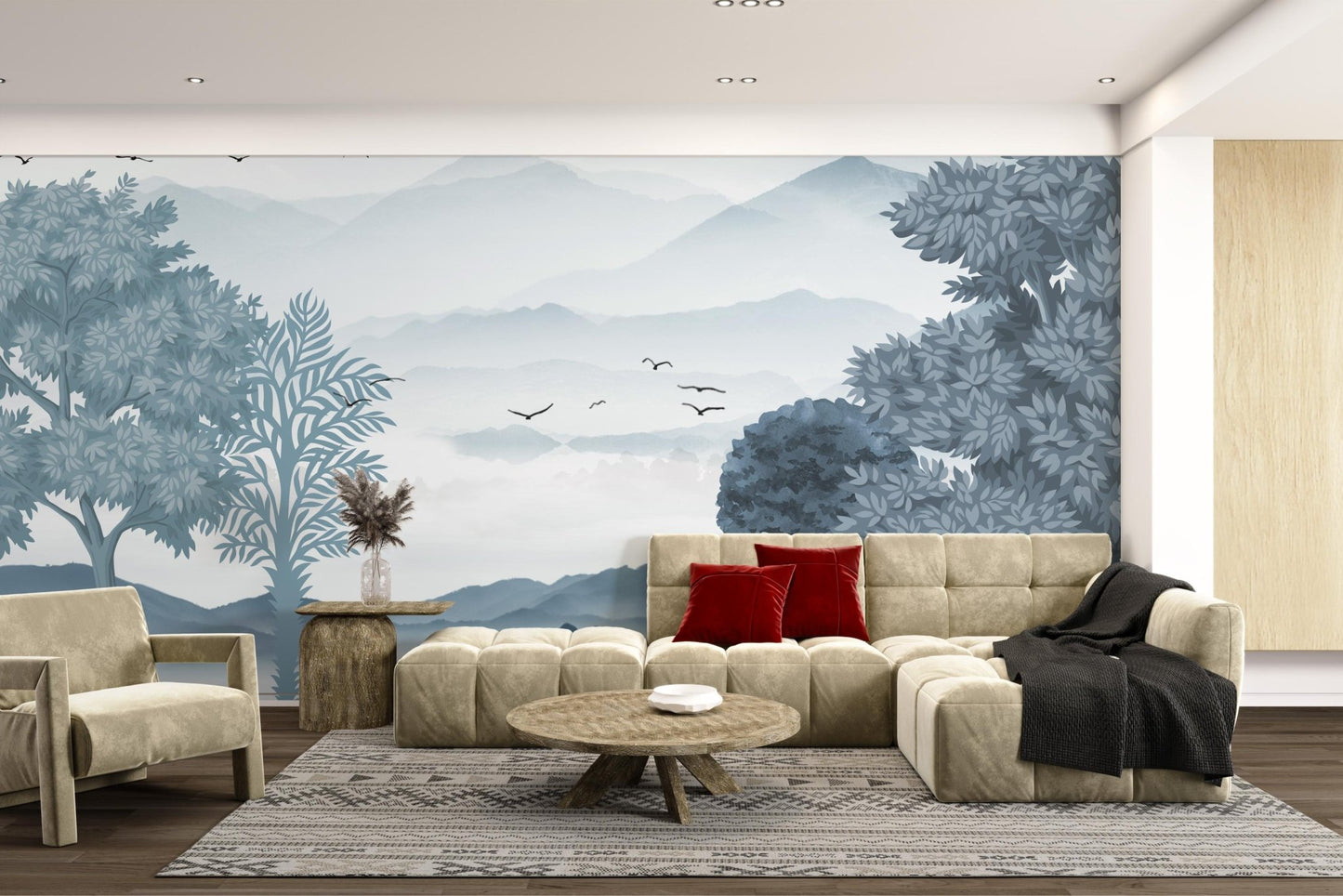 Foggy alpine landscape wall mural with birds in the grey sky for seating area.