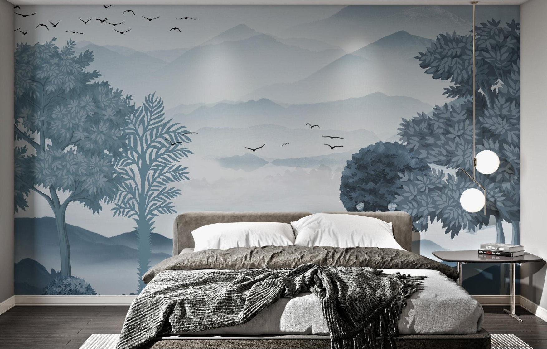 Dusty blue Misty Mountain Landscape mural for flat and house interiors