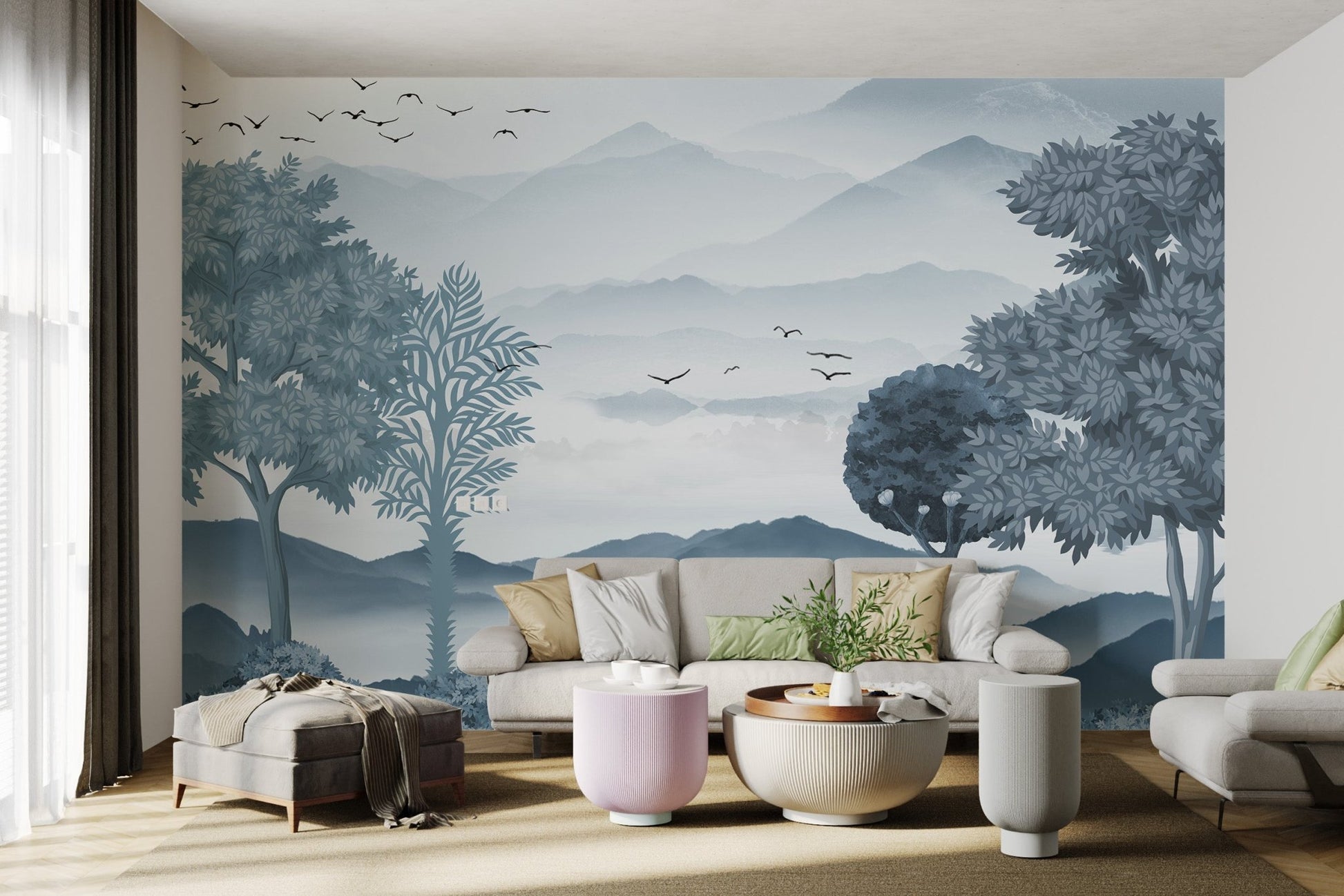 Grey scale mountain range wall mural with fog and flying bird for living area.