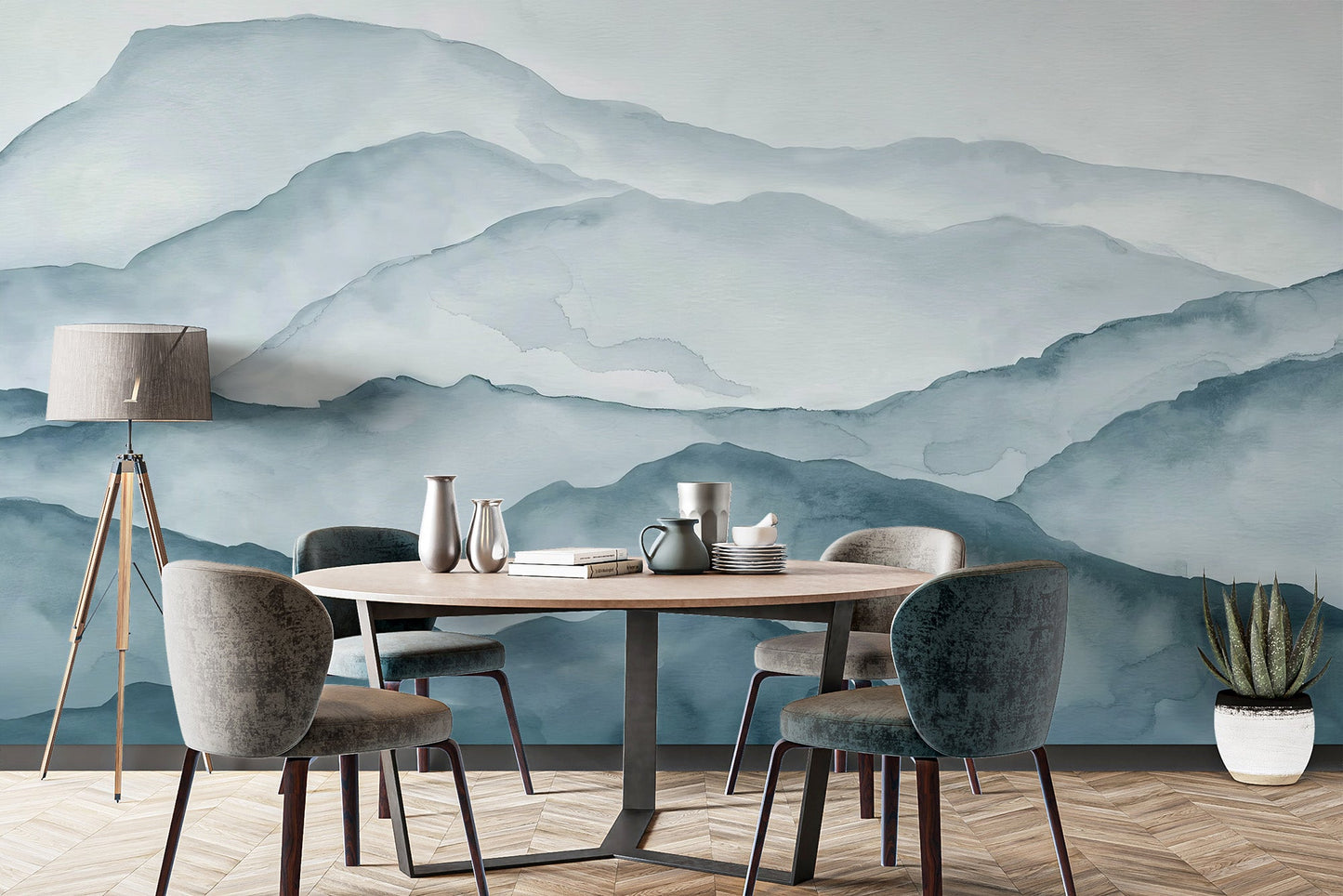Calm blue mountain wallpaper mural with a fading horizon and misty valleys.