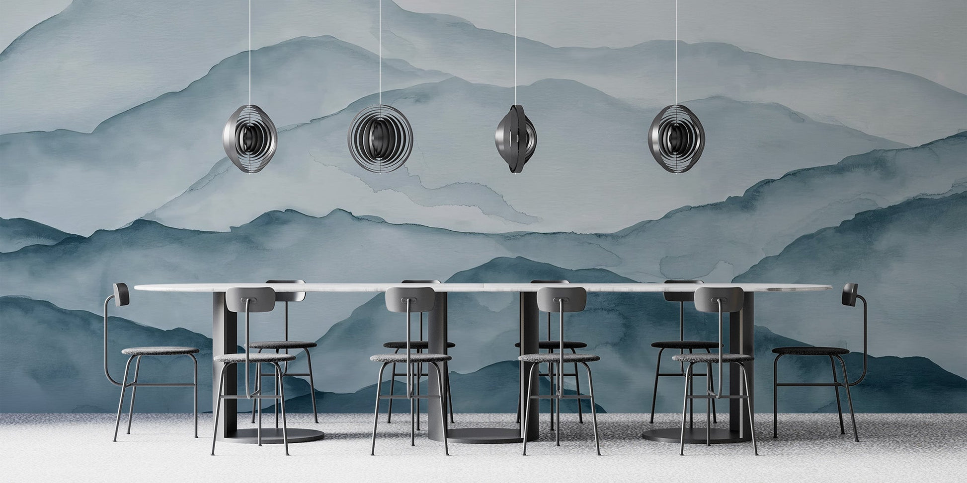 Minimalist mountain wallpaper showing layered ridges in a monochromatic blue palette.