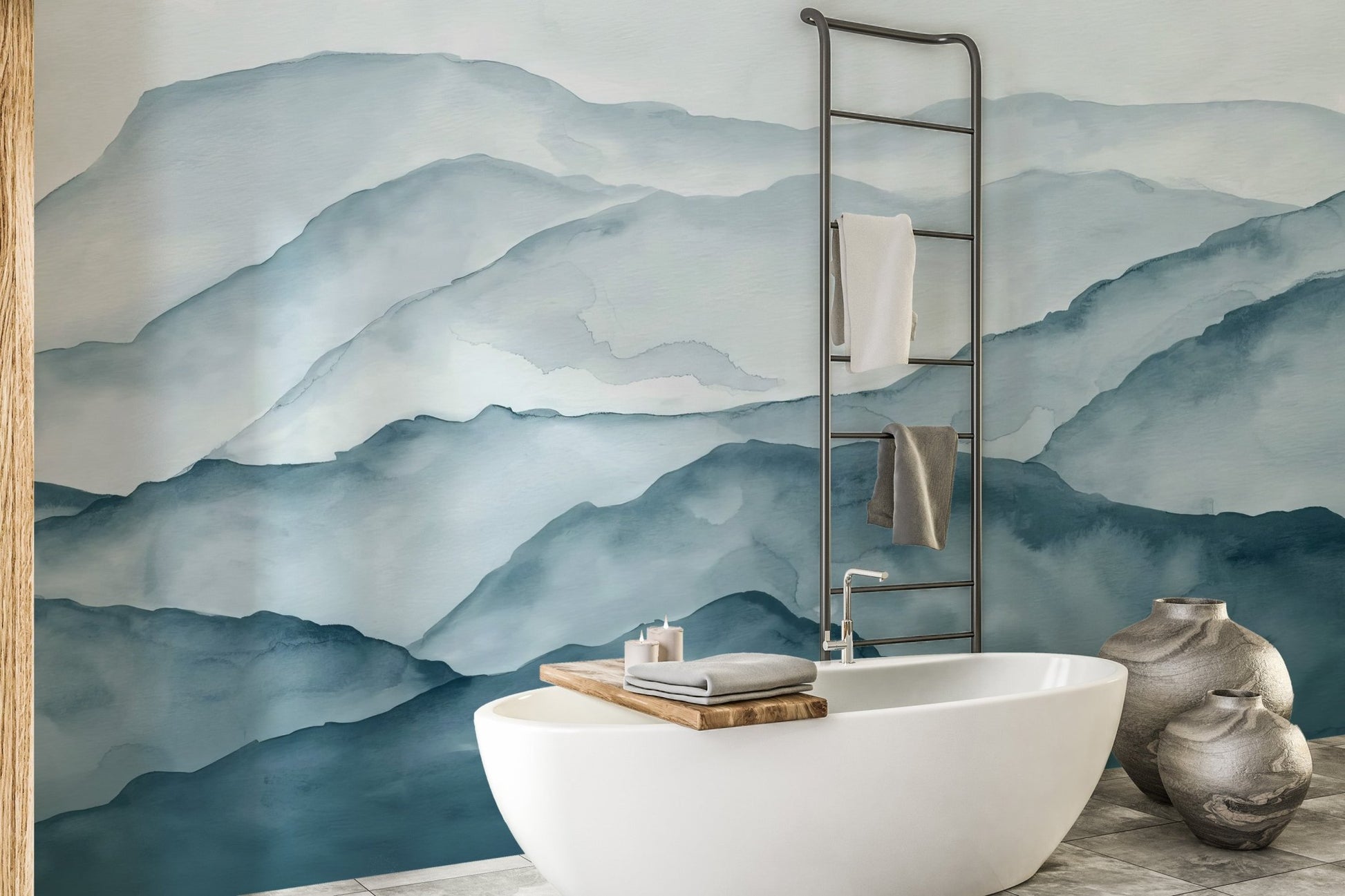 Soft navy and slate blue mountain wallpaper with a misty atmospheric effect.