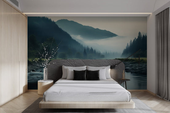 Misty alpine valley wall mural highlighting a steady river current.