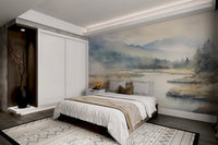 Large scale wall mural of a serene mountain and flowing water.