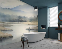 Scenic river wallpaper with misty evergreen trees and stone banks.