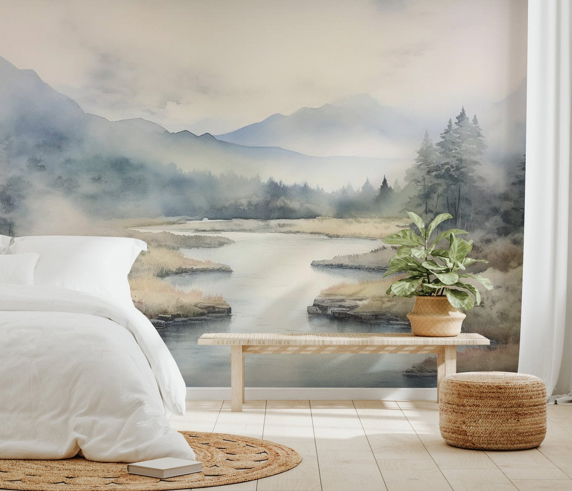 Misty mountain river wallpaper with watercolor blue peaks and fog.