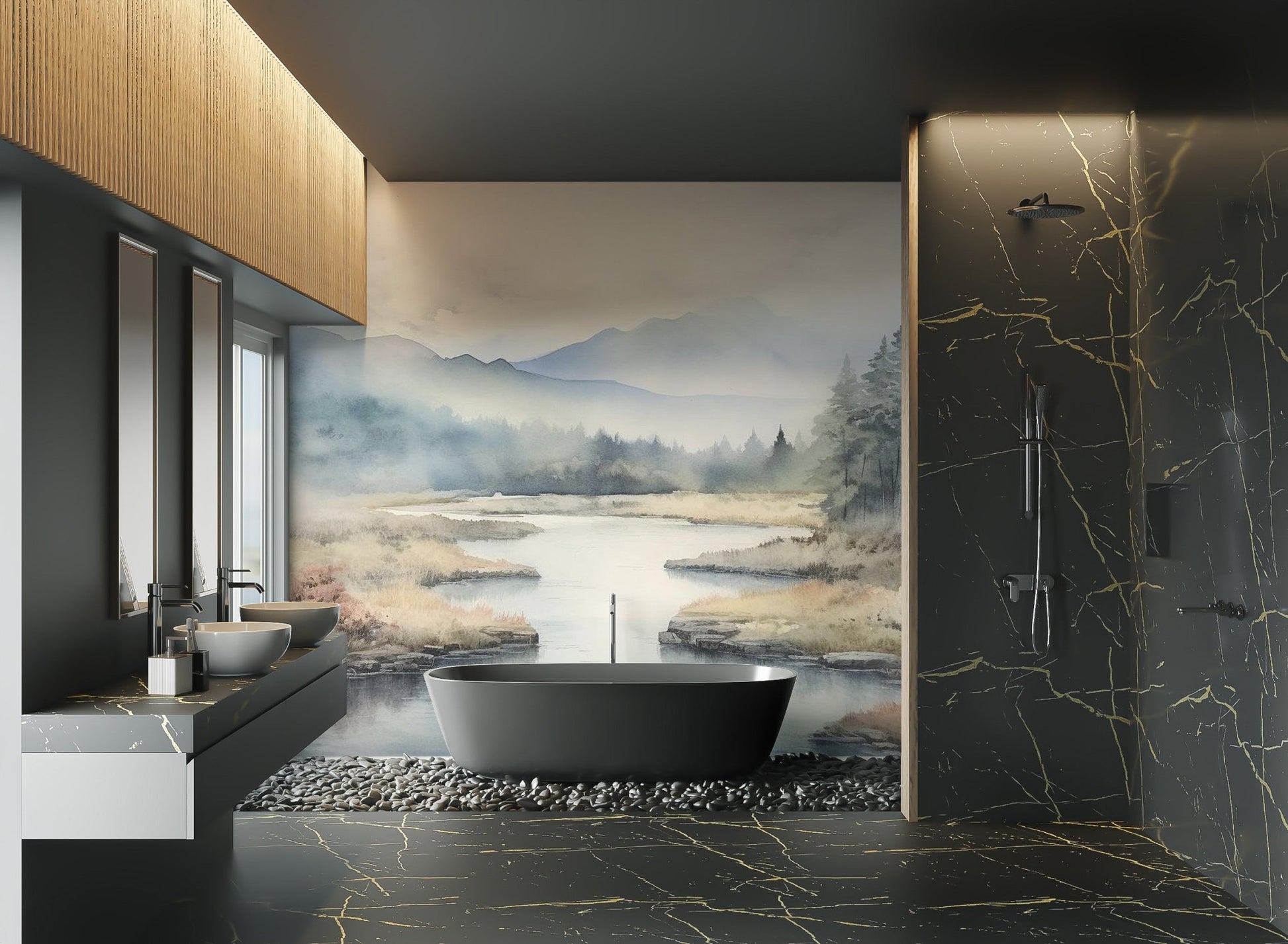 Misty mountain river wallpaper with atmospheric forest and water.