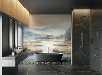 Misty mountain river wallpaper with atmospheric forest and water.