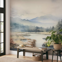 Soft blue and grey landscape mountain wall mural featuring pine trees.