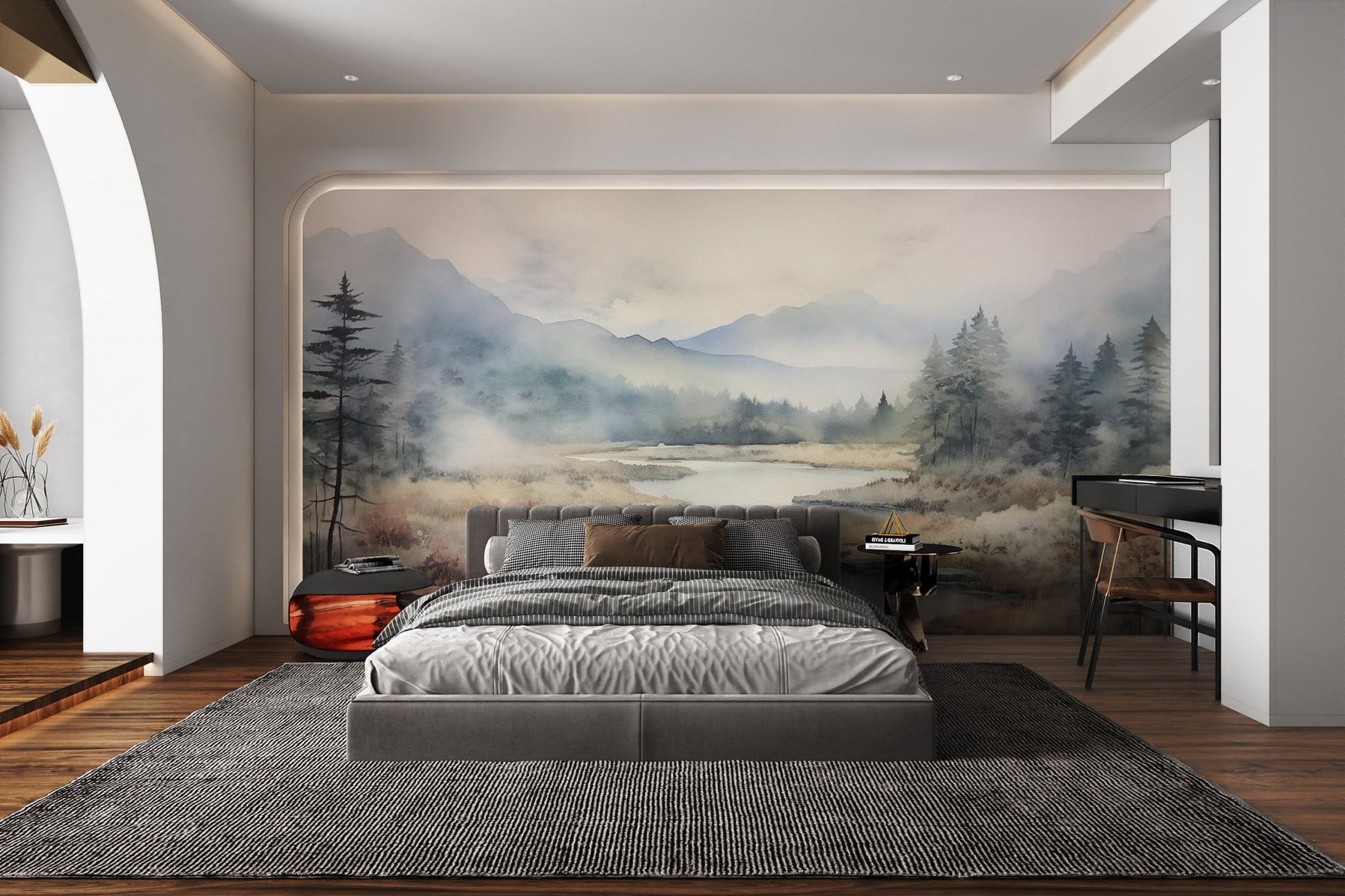 Watercolor river scene wallpaper with muted autumn shrubbery.