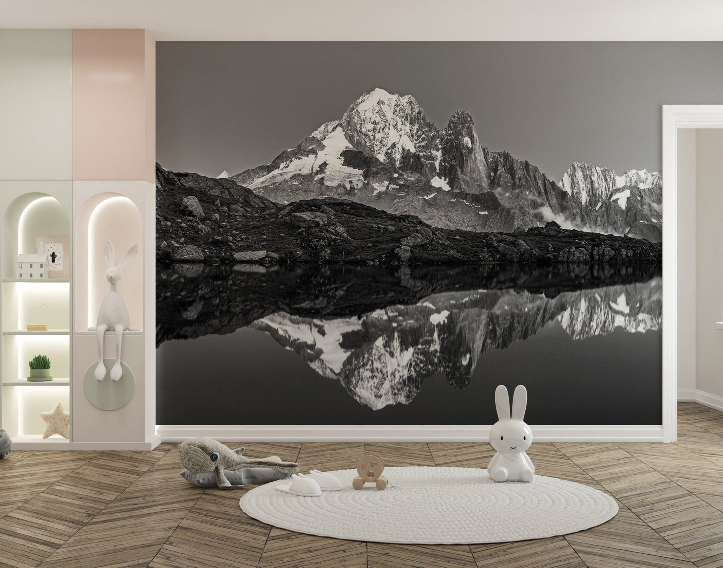 Tranquil wall mural featuring misty mountain landscapes in kids room.
