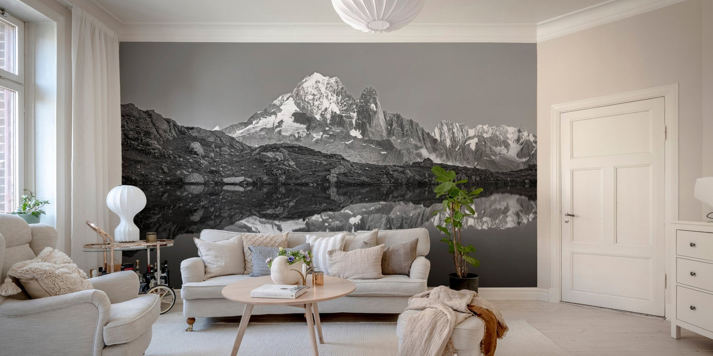 Artistic misty mountain mural for relaxing living room wall decor.
