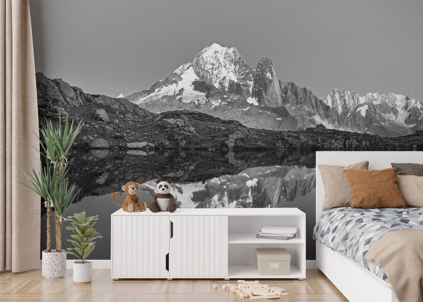 Misty mountain tranquility mural for peaceful kids bedroom interiors.
