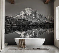 Misty mountain mural evoking tranquility and natural beauty in bathroom.