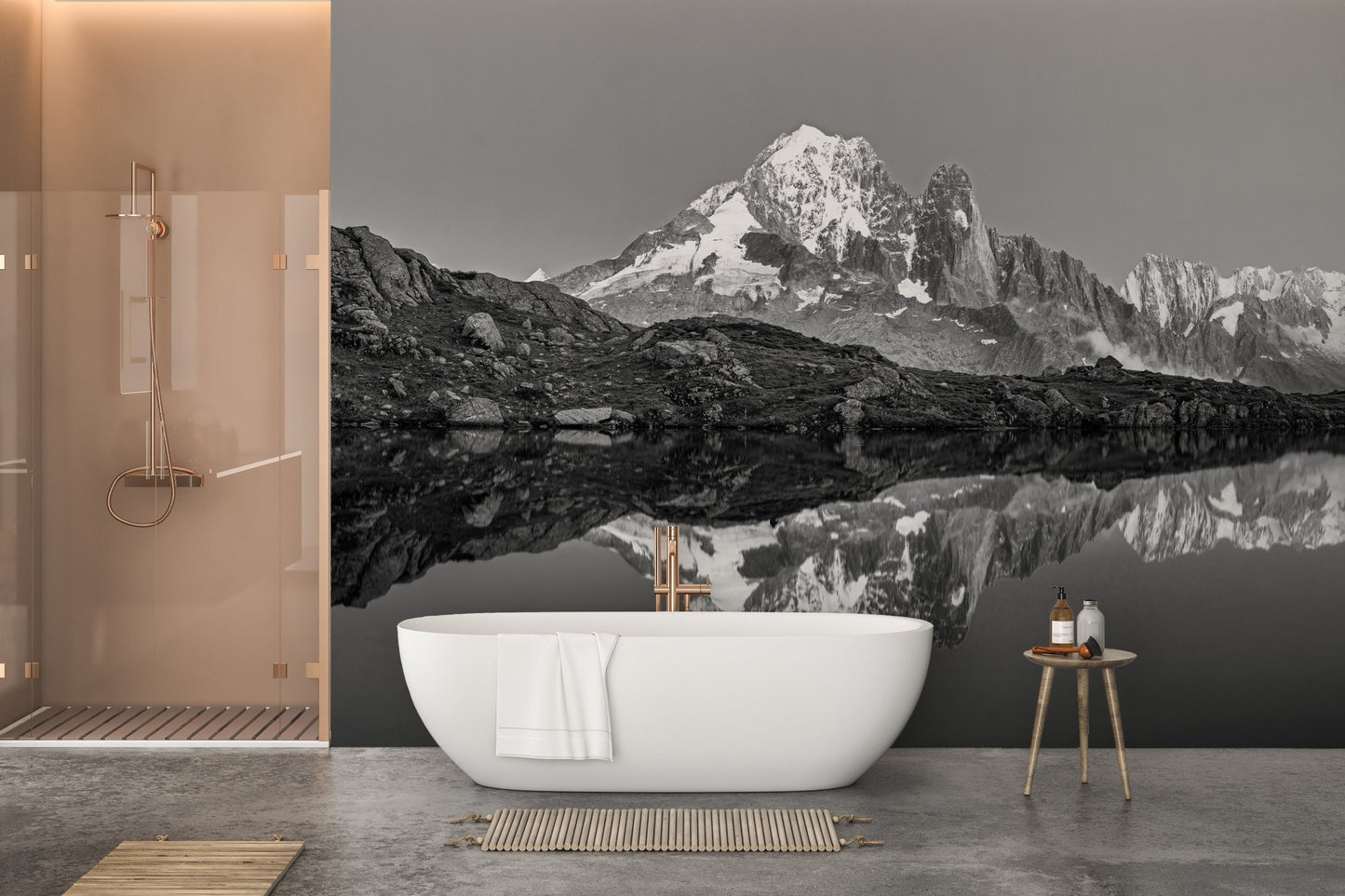 Serene misty mountain wall mural with tranquil details in bathroom.
