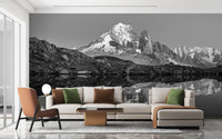 Serene misty mountain mural for tranquil and calming living room walls.
