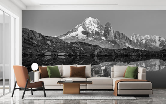 Serene misty mountain mural for tranquil and calming living room walls.
