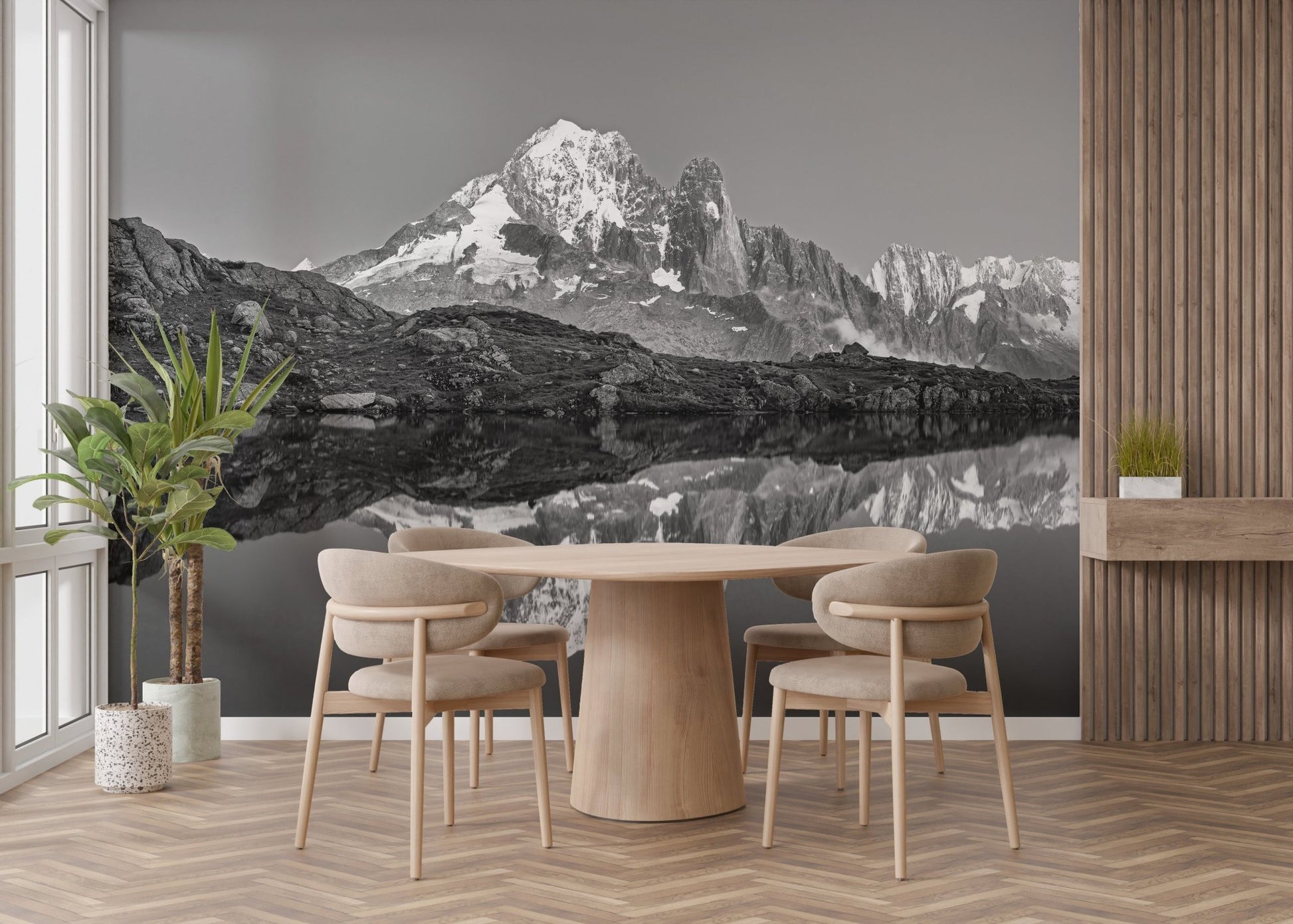 Peaceful misty mountain wall mural for soothing dining room interiors.
