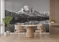 Peaceful misty mountain wall mural for soothing dining room interiors.
