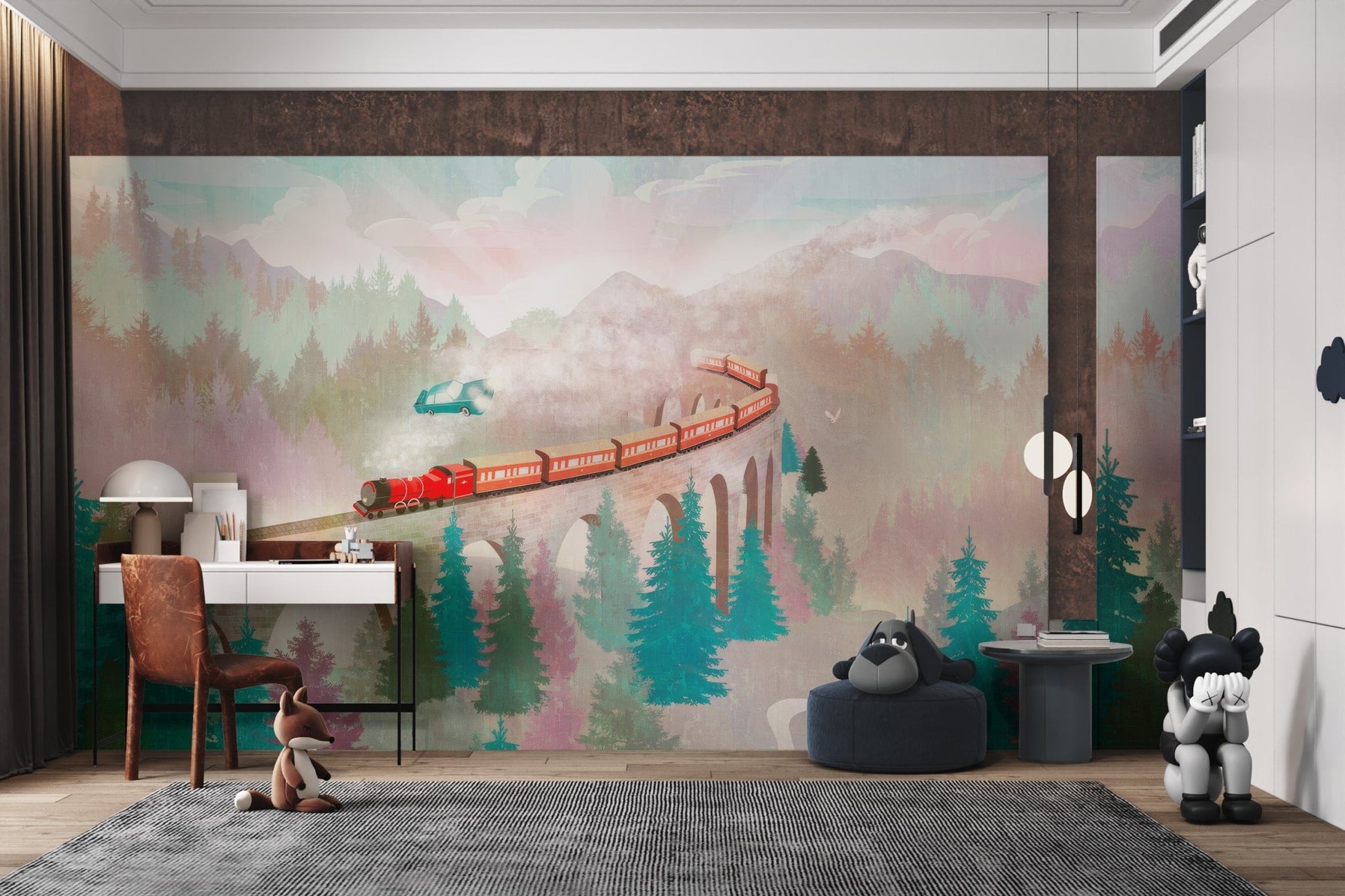 Magical flying car above pine trees wall mural for children's study areas