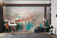 Magical flying car above pine trees wall mural for children's study areas