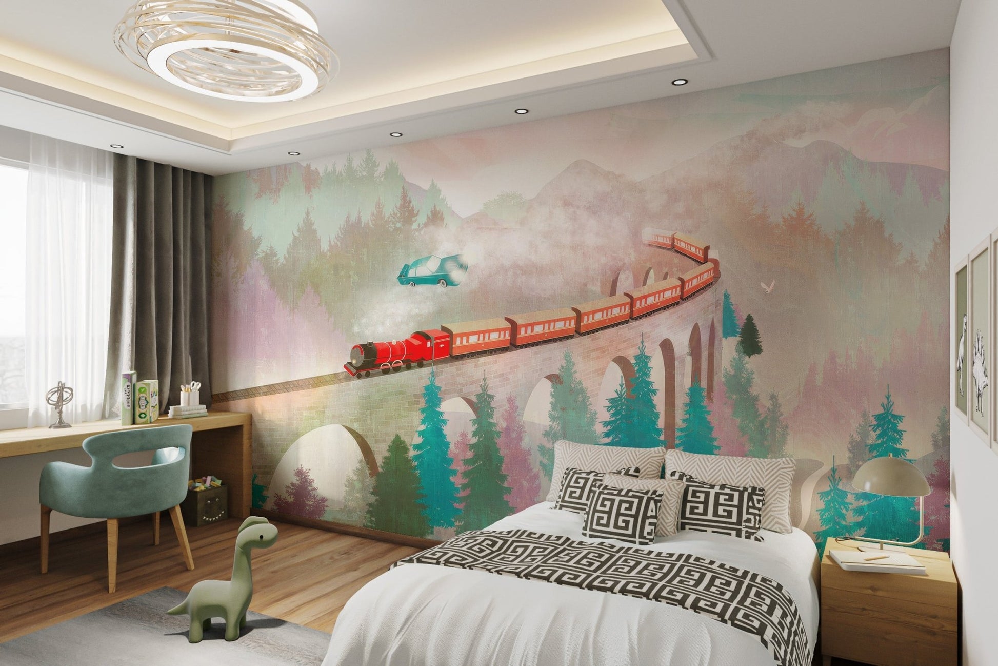 Teal and green pine tree forest wall mural for whimsical bedroom aesthetics