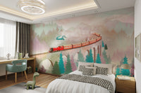 Teal and green pine tree forest wall mural for whimsical bedroom aesthetics